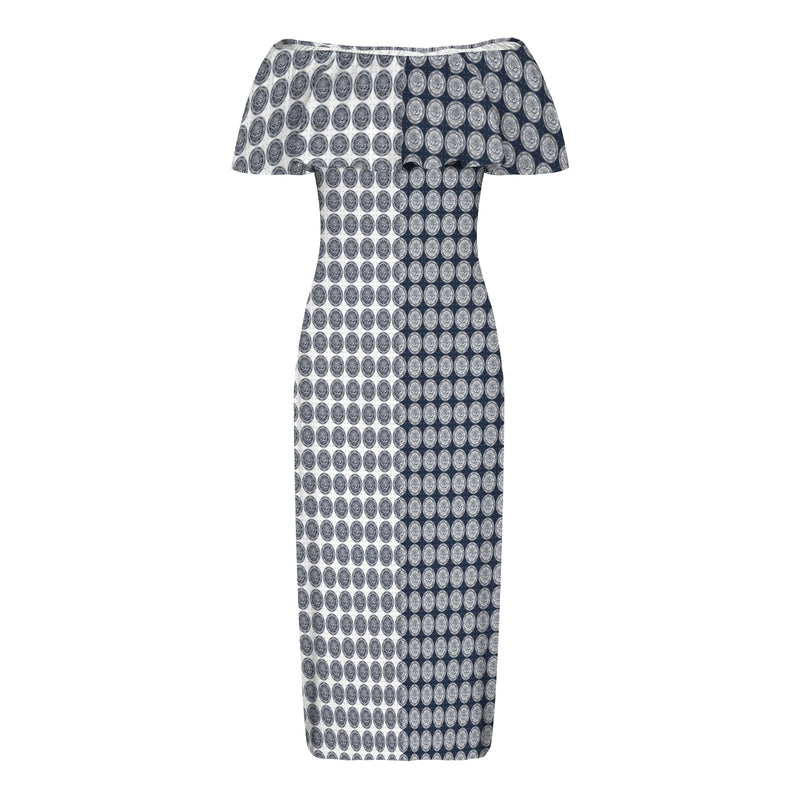 two tone rose stained glass print 3 Women's Off Shoulder Ruffle Boat Neck Dress (Model D71)