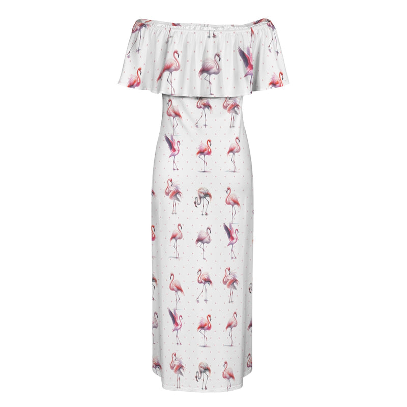 flamingo pink print 3A Women's Off Shoulder Ruffle Boat Neck Dress (Model D71)