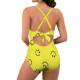 smiley face print 2A Women's Twist Front Tie Back Swimsuit (Model S57)