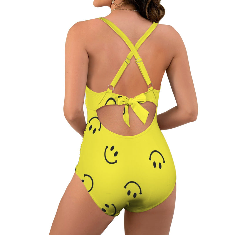 smiley face print 2A Women's Twist Front Tie Back Swimsuit (Model S57)