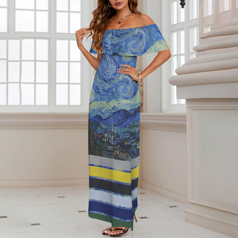 striped 3 starry night van gogh scarf Women's Off Shoulder Ruffle Boat Neck Dress (Model D71)