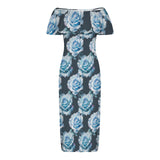 light blue print 10AB Women's Off Shoulder Ruffle Boat Neck Dress (Model D71)