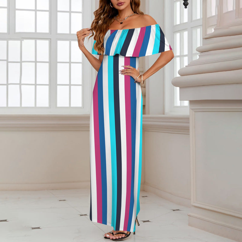 barcode color bar print 5b Women's Off Shoulder Ruffle Boat Neck Dress (Model D71)