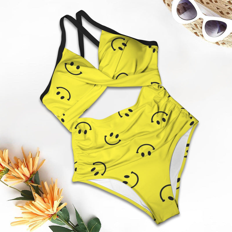 black solid print skirt Women's Twist Front Tie Back Swimsuit (Model S57)