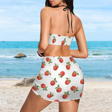 apples swimwear print Drawstring Halterneck Three-Piece Swimsuit Skirt