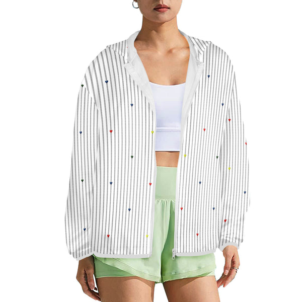 heart accent stripe accent print Women's Lightweight Sun Protection Hoodie (Model H62)