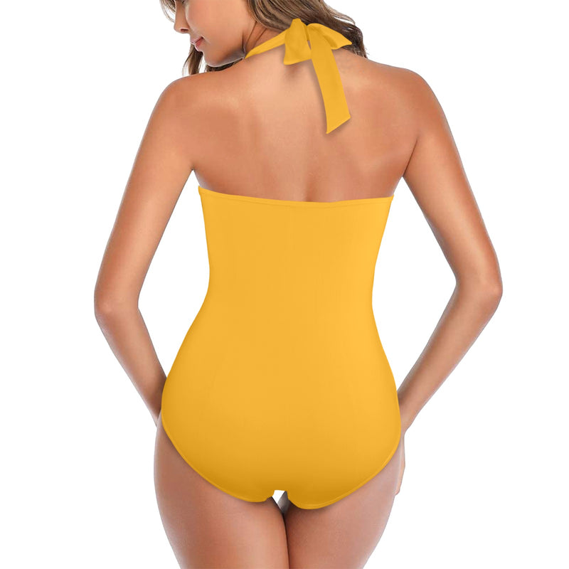 light orange butterfly blue small print 3 Women's Halter Neck Gather Chest Swimsuit (Model S52)