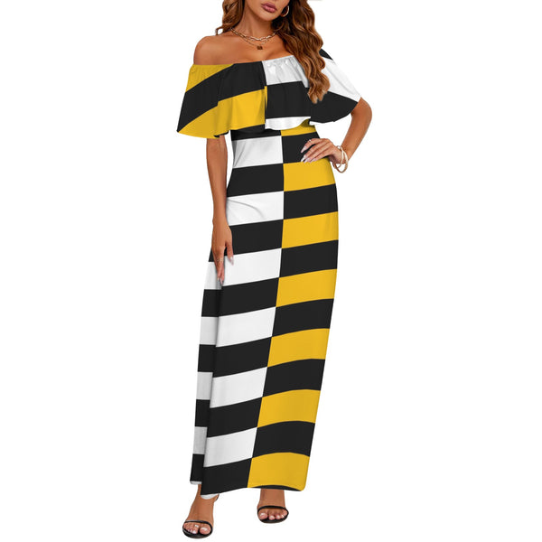 bumbling honey bee print Women's Off Shoulder Ruffle Boat Neck Dress (Model D71)