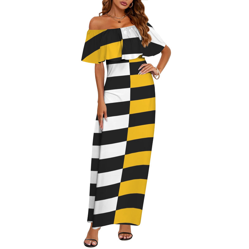 black solid print skirt Women's Off Shoulder Ruffle Boat Neck Dress (Model D71)