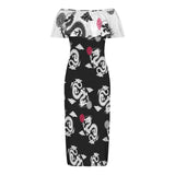 black dragon on white with red accents Women's Off Shoulder Ruffle Boat Neck Dress (Model D71)