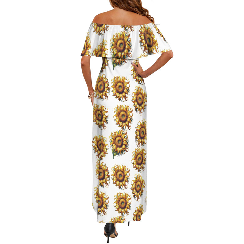 sunflower off the shoulder dress van gogh sunflower print Women's Off Shoulder Ruffle Boat Neck Dress (Model D71) 2XL