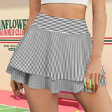 striped bw print 2 High Waist Layered Ruffle Pockets Sports Skirt