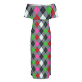 argyle print 3 Women's Off Shoulder Ruffle Boat Neck Dress (Model D71)