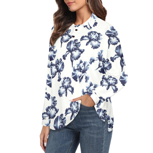 white iris print Women's Long Sleeve Polo Shirt (Model T73)