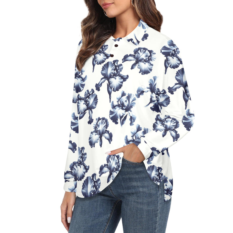 white iris print Women's Long Sleeve Polo Shirt (Model T73)