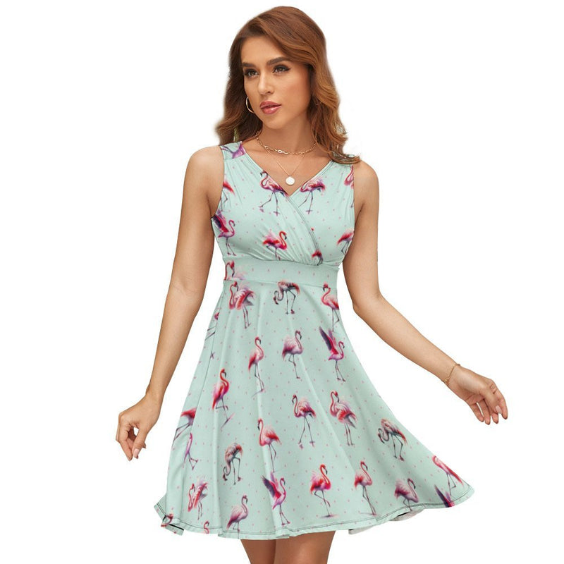 Flamingo Flock V-Neck Sleeveless Dress
