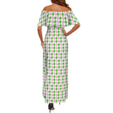 pk grn print 4A Women's Off Shoulder Ruffle Boat Neck Dress (Model D71)