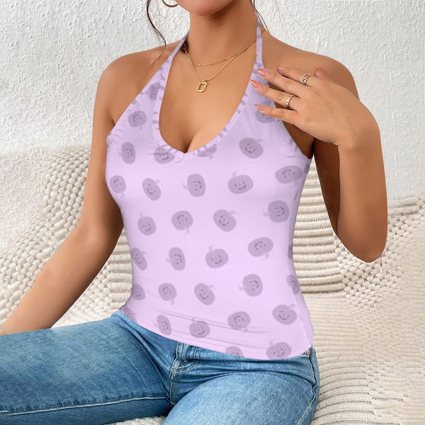jack o lantern polka dot print Women's V-Neck Halter Top (Model T83)