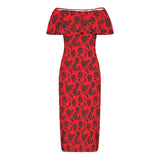 thorny rose black on red Women's Off Shoulder Ruffle Boat Neck Dress (Model D71)