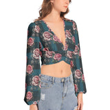 Women's Deep V-Neck Lantern Sleeve Crop Top