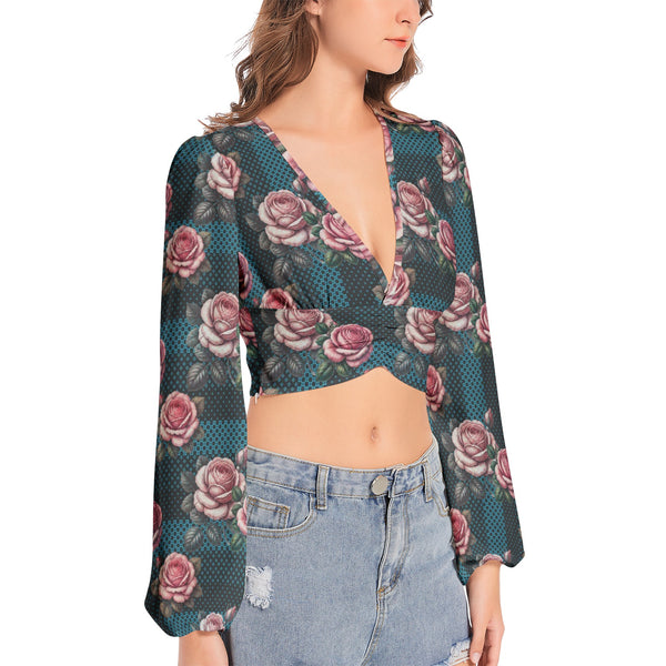 Women's Deep V-Neck Lantern Sleeve Crop Top