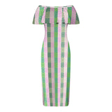 ALL GREEK PRINT Women's Off Shoulder Ruffle Boat Neck Dress (Model D71)