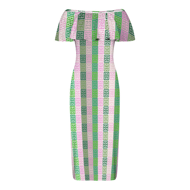 ALL GREEK PRINT Women's Off Shoulder Ruffle Boat Neck Dress (Model D71)