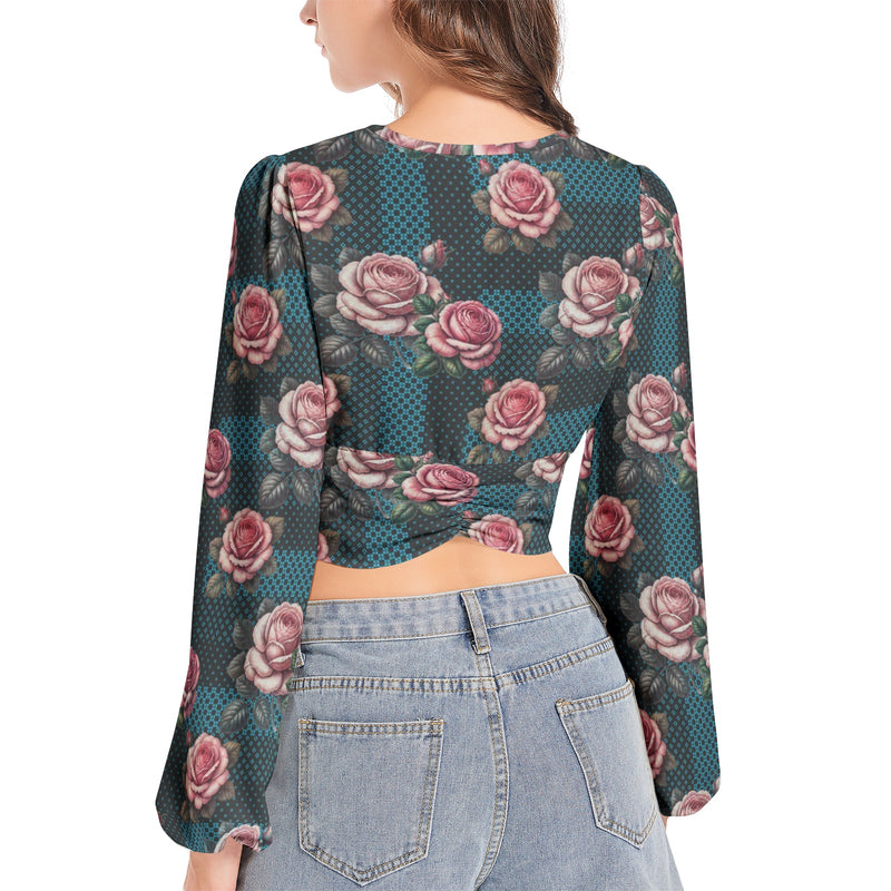 Women's Deep V-Neck Lantern Sleeve Crop Top