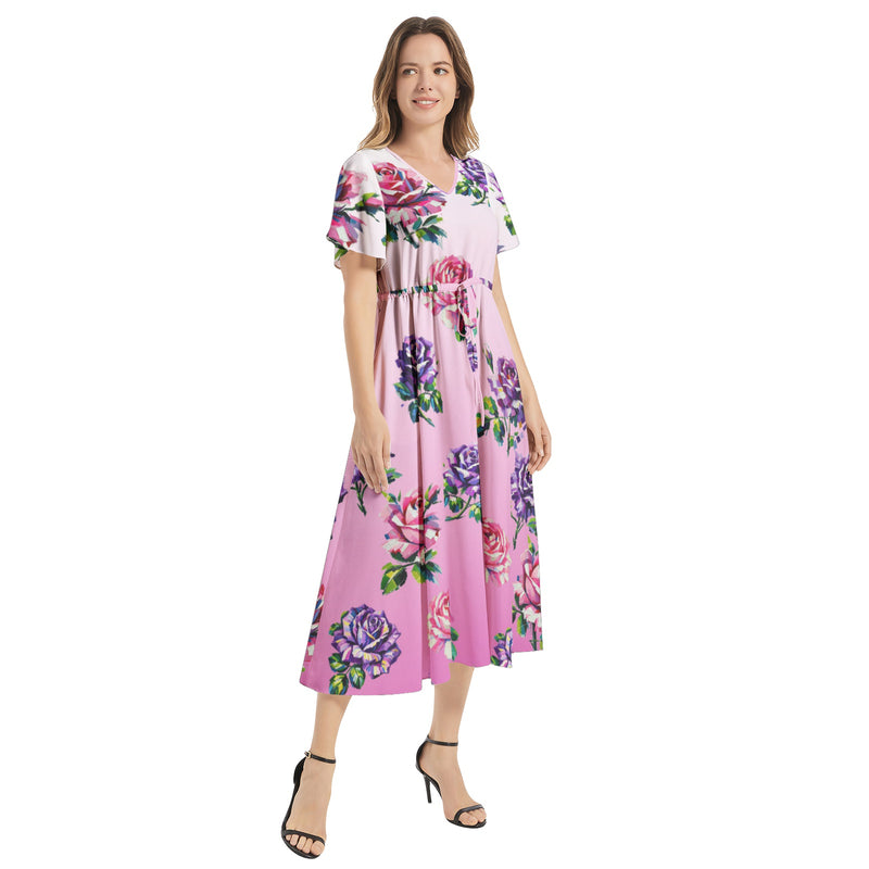 Flutter Sleeve Drawstring Waist Flared Dress