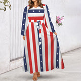 Stars and Stripes Round Neck Long Sleeve Belted Maxi Dress