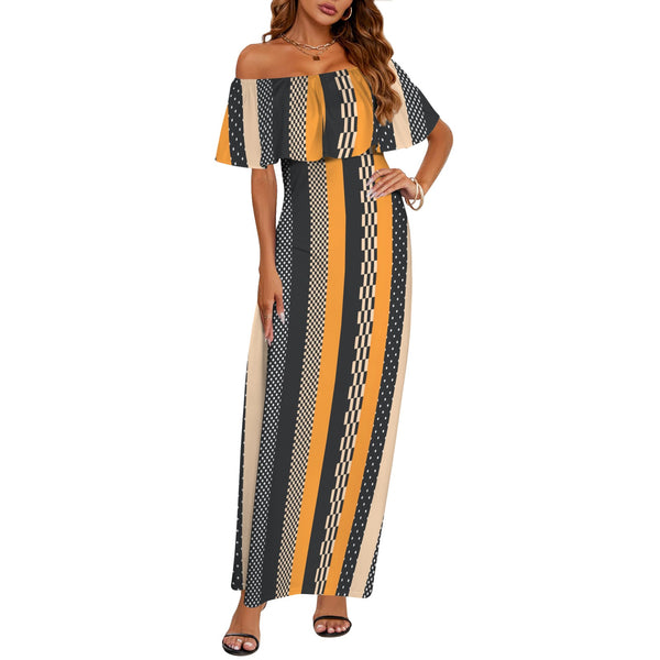 eclectic stripe print Women's Off Shoulder Ruffle Boat Neck Dress (Model D71)