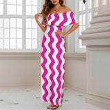 fuchsia wavy print Women's Off Shoulder Ruffle Boat Neck Dress (Model D71)
