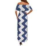 waves blue white print 2A Women's Off Shoulder Ruffle Boat Neck Dress (Model D71)