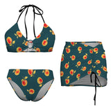 apple gold green print 4C Drawstring Halterneck Three-Piece Swimsuit Skirt