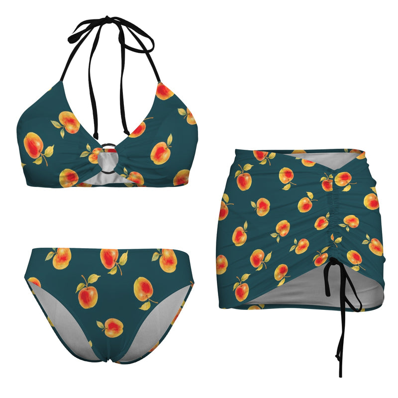 apple gold green print 4C Drawstring Halterneck Three-Piece Swimsuit Skirt