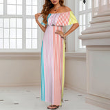 striped print colorful 2A Women's Off Shoulder Ruffle Boat Neck Dress (Model D71)
