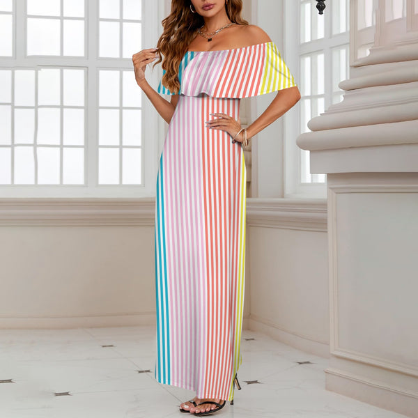 striped print colorful 2A Women's Off Shoulder Ruffle Boat Neck Dress (Model D71)
