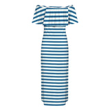 swimsuit striped print 2 Women's Off Shoulder Ruffle Boat Neck Dress (Model D71)