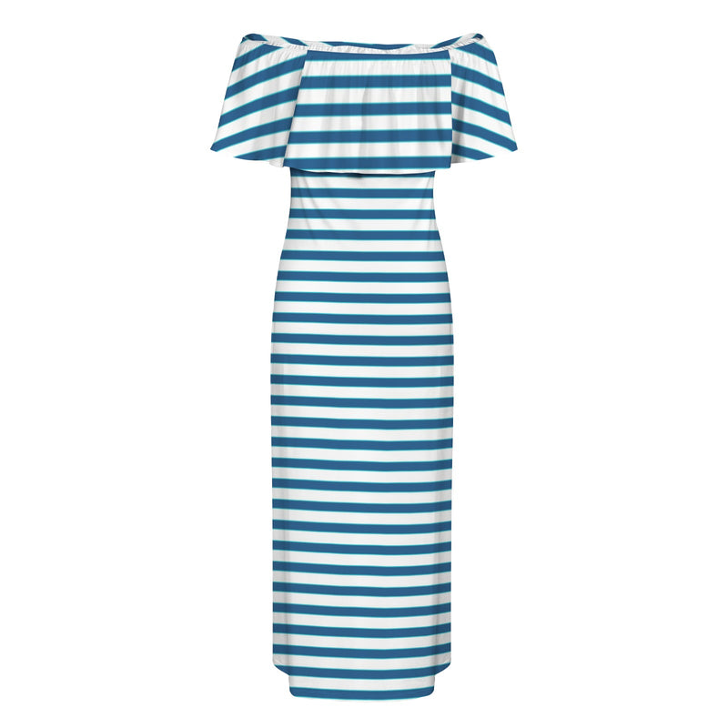 swimsuit striped print 2 Women's Off Shoulder Ruffle Boat Neck Dress (Model D71)
