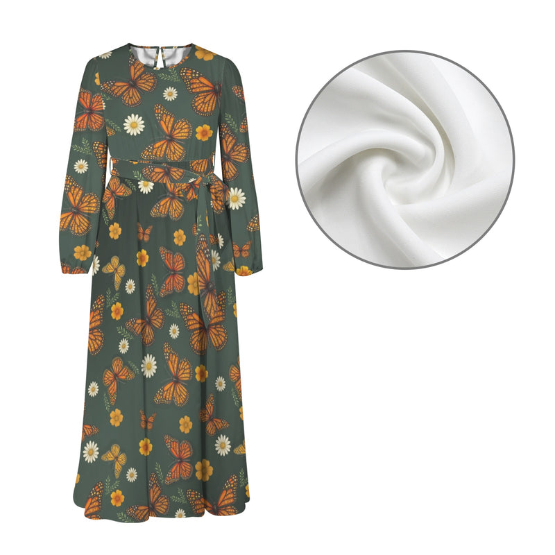 Butterfly Round Neck Long Sleeve Belted Maxi Dress