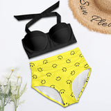 black solid print skirt Women's Halter Neck Gather Chest Bikini Swimsuit (Model S53)