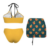 apple gold green print 4C Drawstring Halterneck Three-Piece Swimsuit Skirt