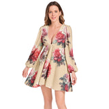 Lantern Sleeve Deep V-Neck Short Dress