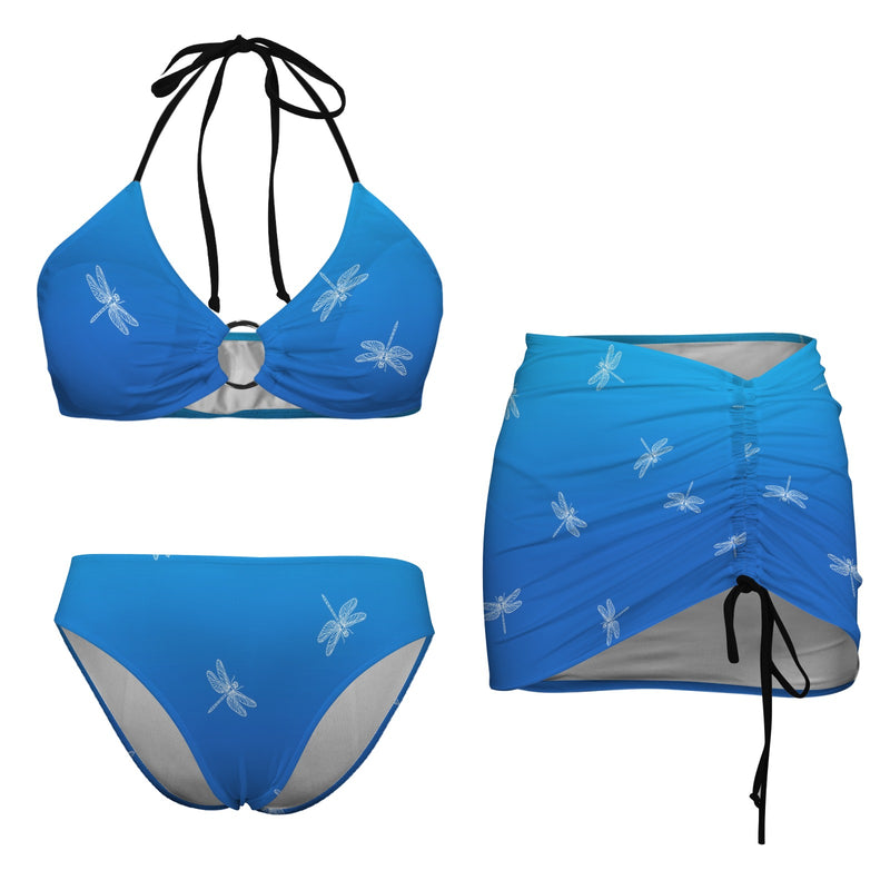 dragonfly print 5C Drawstring Halterneck Three-Piece Swimsuit Skirt