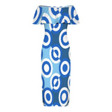 blue concentric checkered print 3A Women's Off Shoulder Ruffle Boat Neck Dress (Model D71)
