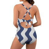 wavy delft blue monarch butterfly print Women's Twist Front Tie Back Swimsuit (Model S57)