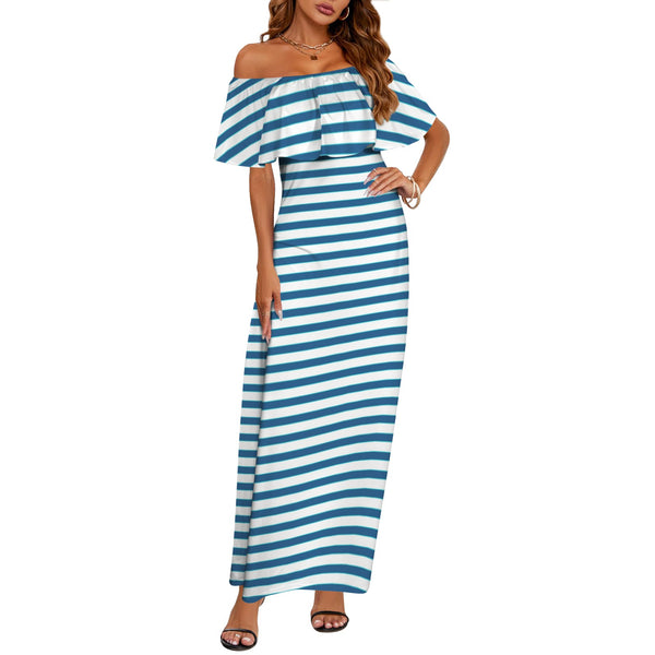 swimsuit striped print 2 Women's Off Shoulder Ruffle Boat Neck Dress (Model D71)