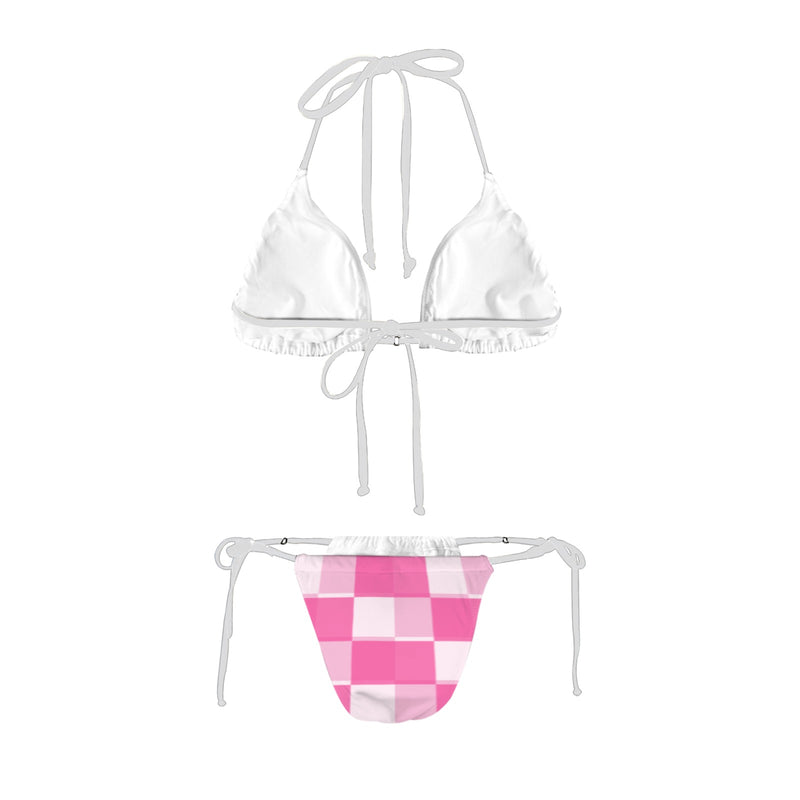 pink checkered medium print Women's Halter String Bikini Set
