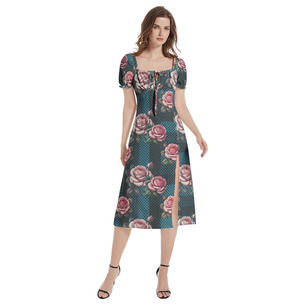 Puff Sleeve Split Thigh Midi Dress