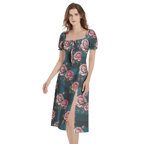 Puff Sleeve Split Thigh Midi Dress